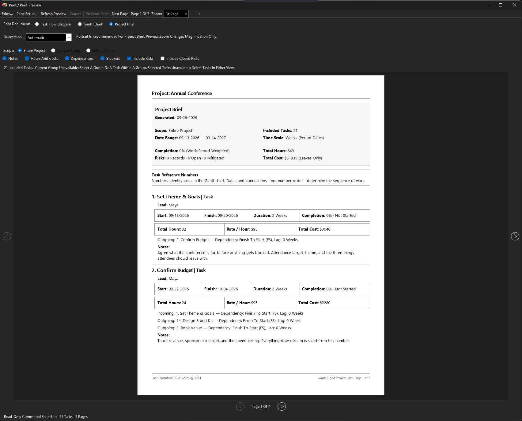 The GanttRight Project Brief preview: a paginated report generated from the plan, showing status, hours, costs and notes.